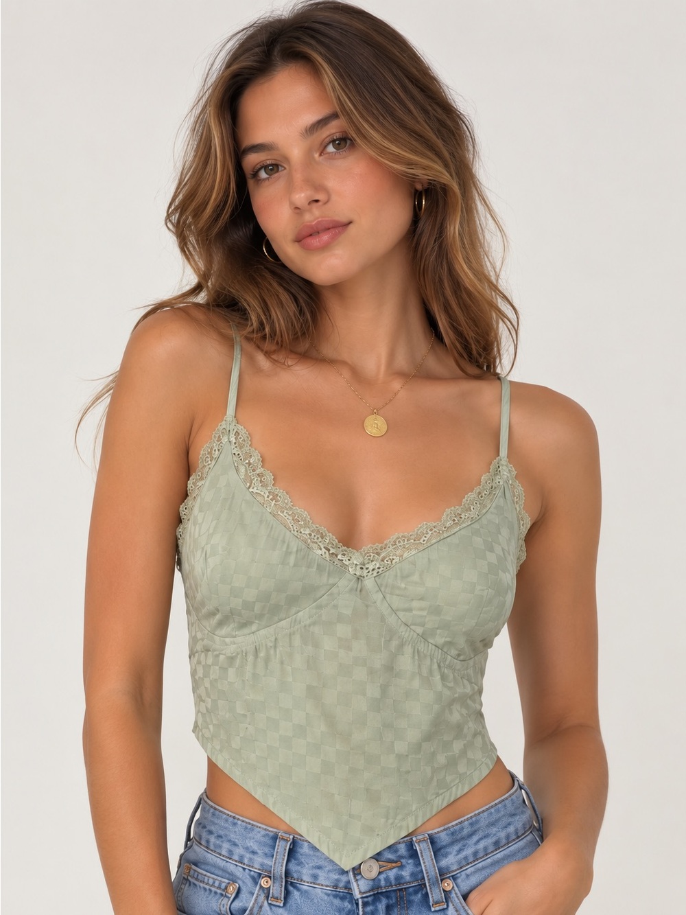 Kendall & Kylie Sage Green Lace-Trim Camisole